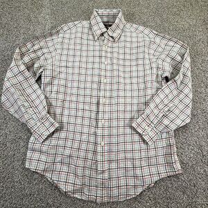 Brooks Brothers Shirt Mens Medium Orange White Plaid Linen Lightweight Button Up